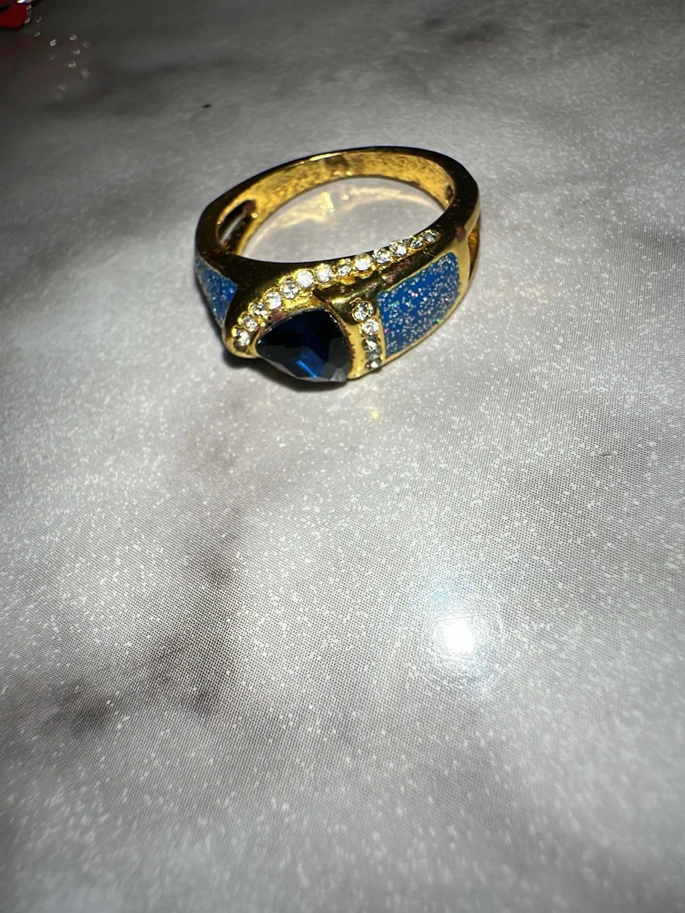 Gold-Tone Blue Sparkle Statement Ring with Blue  Stone